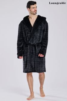 Loungeable Black Check Fleece Hooded Robe (E53829) | $62