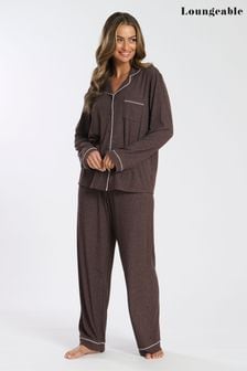 Loungeable Brown Soft Jersey Ribbed Button Through Long Pyjamas (E54106) | $62