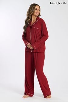 Loungeable Red Soft Jersey Ribbed Button Through Long Pyjamas (E54107) | SGD 70