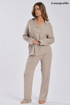 Loungeable Brown Soft Jersey Ribbed Button Through Long Pyjamas (E54109) | SGD 70