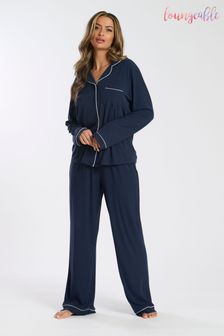 Loungeable Blue Soft Jersey Ribbed Button Through Long Pyjamas (E54111) | €55