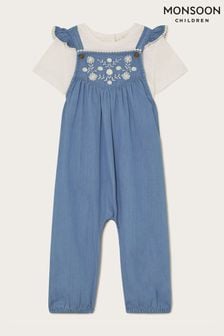 Monsoon Blue Baby Chambray Embroidered Dungarees (E55377) | $80 - $85