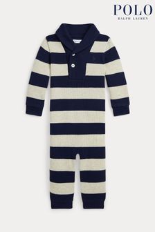 Polo Ralph Lauren Baby Navy/Stone French Rib Cotton Shawl Collar Babygrow (E55825) | $191