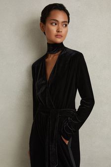 Reiss Black Vera Velvet Belted Wide Leg Jumpsuit (E57254) | $332