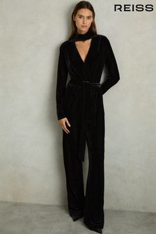 Reiss Black Vera Velvet Belted Wide Leg Jumpsuit (E57254) | $332