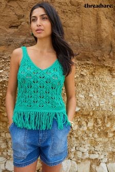 Threadbare Green Tassel Fringe Crochet Knit Vest Top (E58074) | €34