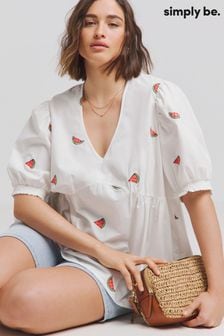 Simply Be Natural Embroidered V-Neck Poplin  Puff Sleeve Blouse (E59634) | $51