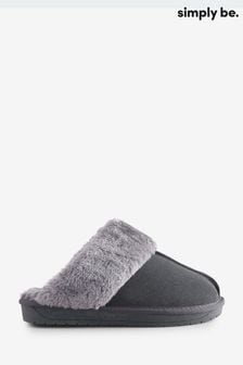 Simply Be Grey Wide Fit Faux Fur Lined Suede Mule Slippers (E60958) | €29