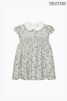 כחול  - Trotters London Arabella Floral Smocked Cotton Dress (E63884) | ‏322 ‏₪