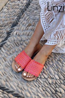 Linzi Pink Flamingo Raffia Slip On Sliders With Fringing (E63943) | €47