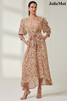 Jolie Moi Brown V-Neck Tie Waist Puff Sleeve Maxi Dress (E64040) | SGD 153