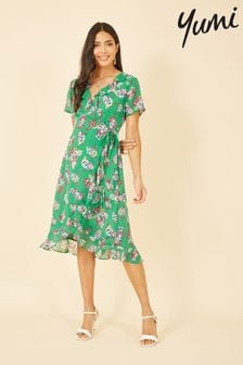 Yumi Green Floral Frill Wrap Midi Dress (E64281) | $82