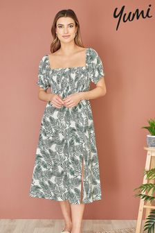 Yumi Green Palm Print Cotton Midi Dress With Side Split (E64299) | €64