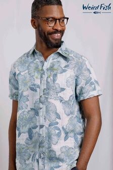 Weird Fish Blue Tarim Linen Rich Printed Short Sleeve Shirt (E64679) | $77