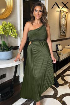 Zielony - Ax Paris Olive One Shoulder Pleated Satin Midi Dress (E65486) | 410 zł