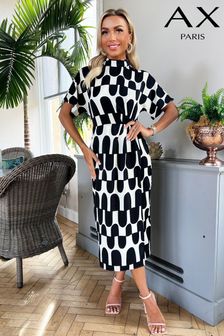 Ax Paris Abstract Print High Neck Wrap Skirt Midi Black And Cream Dress (E65496) | €73