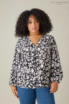 Live Unlimited Black Curve Floral V-Neck Button Blouse (E66152) | $118