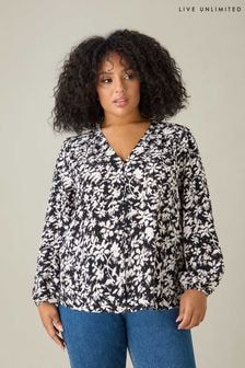 Live Unlimited Black Curve Floral V-Neck Button Blouse (E66152) | $118