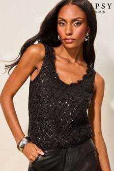 Lipsy Black Diamond Sequin Round Neck Vest (E66384) | $58