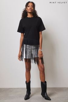 Mint Velvet Black Fringed T-Shirt (E66754) | $101