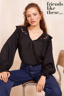 Friends Like These Black Long Sleeve Cutwork Lace Blouse (E66887) | OMR19