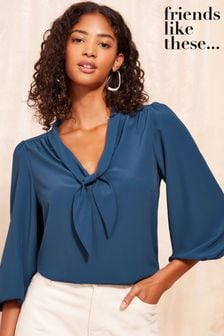 Niebieski - Friends Like These V Neck Bow Front 3/4 Sleeve Blouse (E66888) | 190 zł