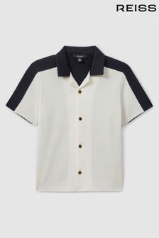 Reiss Optic White/Navy Castro Colourblock Plisse Cuban Collar Shirt (E67166) | SGD 105