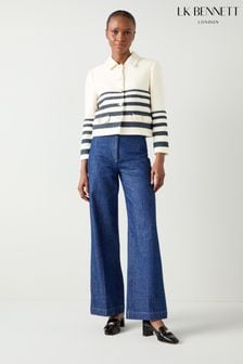 LK Bennett Cream/Navy Blue Bellmer Spring Placement Stripe Tweed Jacket (E67846) | $684