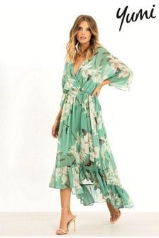 Yumi Sage Green Floral Kimono Sleeves Dip Hem Wrap Midi Dress (E68375) | kr844