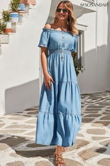 Sosandar Blue Denim Shirred Waist Bardot Fit & Flare Maxi Dress (E68426) | 371 QAR