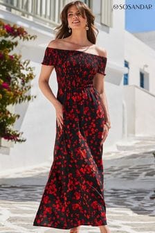 Sosandar Black Floral Print Shirred Body Bardot Maxi Dress (E68445) | OMR39