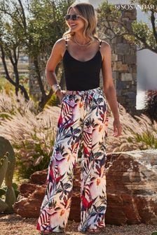 Sosandar Black Floral Print Premium Satin Wide Leg Trousers (E68455) | $94