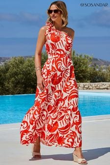 Sosandar Red Floral Print One Shoulder Belted Cotton Midi Dress (E68487) | LEI 448