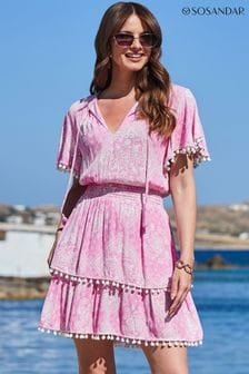 Sosandar Pink Scarf Print Pom Pom Trim Crinkle Beach Dress (E68761) | $94