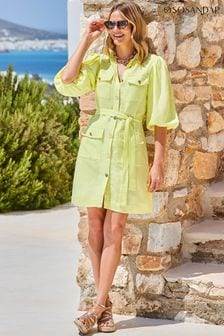 Sosandar Yellow Linen Blend Puff Sleeve Utility Shirt Dress (E68769) | LEI 507