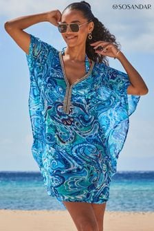 Sosandar Blue Paisley Print Embellished Neckline Kaftan (E68778) | SGD 106