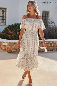 Sosandar White Spot Print Bardot Tiered Maxi Dress (E68828) | OMR46