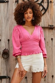 Sosandar Pink Shirred Detail 100% Cotton Top (E68829) | €75