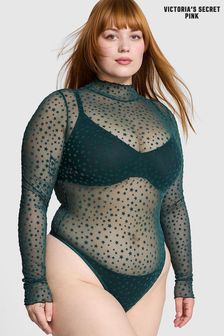 Victoria's Secret PINK Deep Forest Green Star Chaser Lace Mock Neck Bodysuit (E68884) | €50