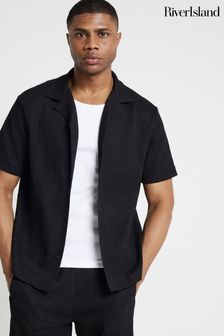 River Island Black Regular Fit Revere Plisse Shirt (E69654) | HK$329