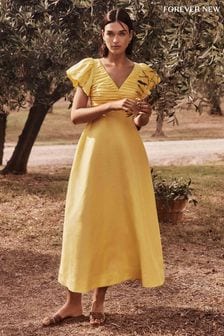 Forever New Yellow Pure Linen June Ruched Midi Dress (E69696) | $237