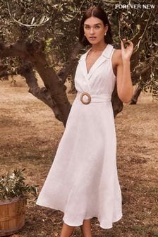Forever New White Pure Linen Paulina Collar Detail Belted Midi Dress (E69703) | €128