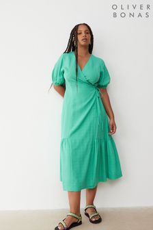 Oliver Bonas Green Textured Wrap Midi Dress (E70336) | €129