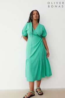 Oliver Bonas Green Textured Wrap Midi Dress (E70336) | $137