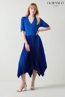 LK Bennett Blue Lorna Mazarine Knit And Woven Pleated Dress (E70819) | $512