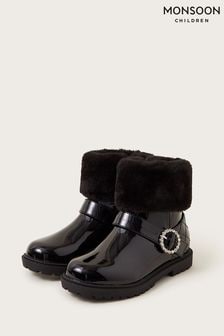 Monsoon Black Patent Faux Fur Cuff Boots (E71426) | €48 - €53