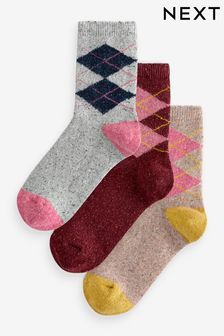 Argyle Thermal Wool Blend Ankle Socks 3 Pack With Silk (E71588) | $24