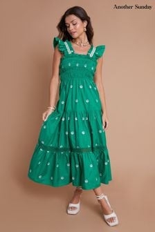 Another Sunday Green Shell Embroidered Shirred Bust Tiered Midi Dress (E72578) | $103