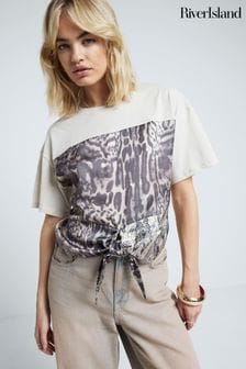 River Island Cream Animal Print Knot Front T-Shirt (E72893) | €37