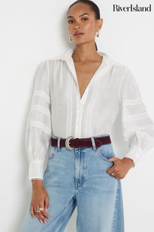 River Island White Linen and Lace Trim Shirt (E73083) | kr880